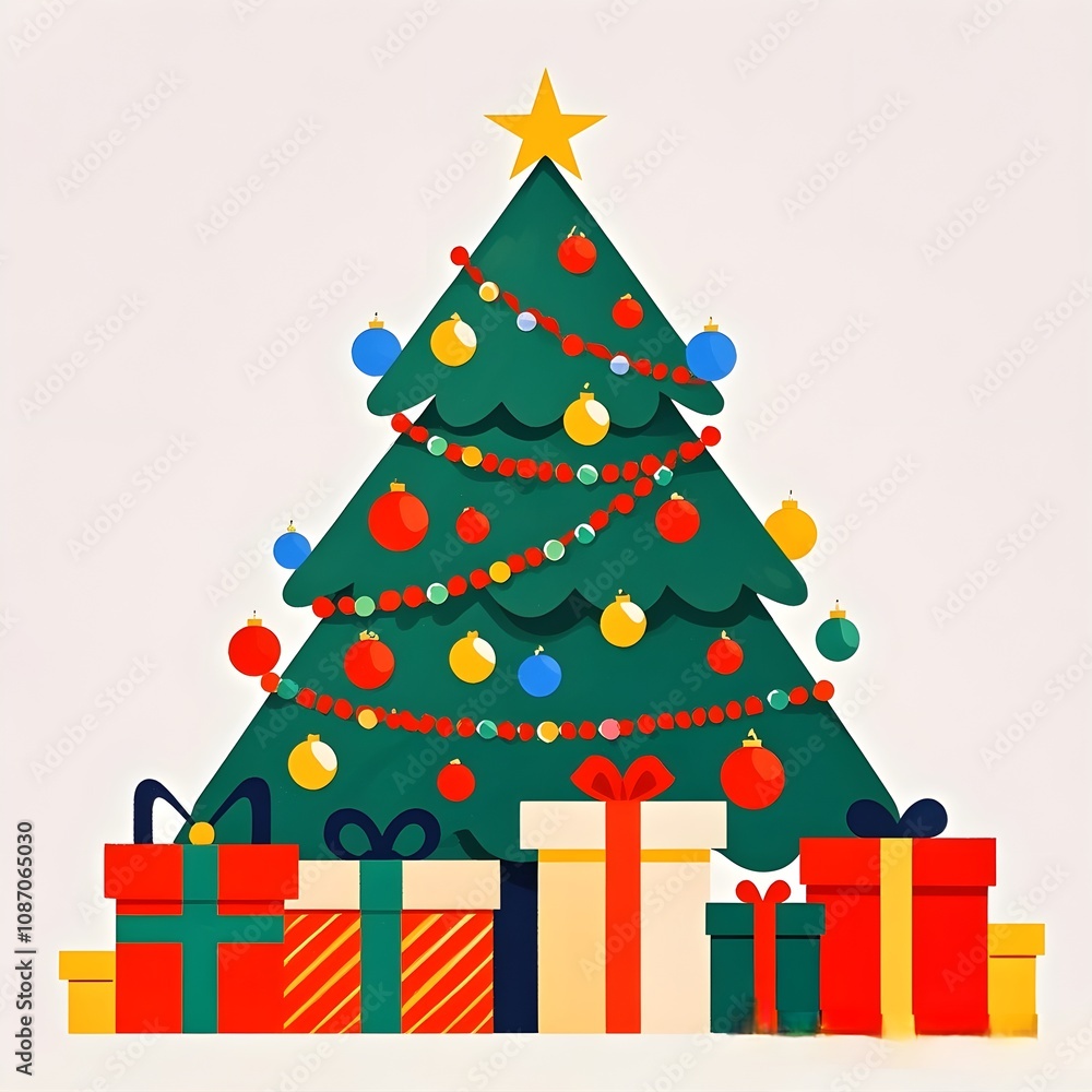 Christmas Tree and Gift Box Underneath, Christmas, White Background, New Year, Ai Generative, Animation, 2D Christmas Tree and Gift Box Underneath, Christmas, White Background, New Year, Ai Generative, Animation, 2D