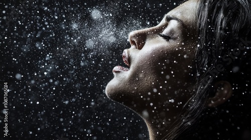 A woman exhales, creating a misty cloud in the air while surrounded by falling snowflakes in a dark atmosphere.