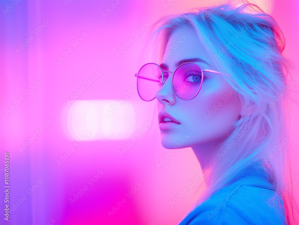 Stylish Blonde Woman in Oversized Glasses with Neon Lights and Vibrant Colors Stylish Blonde Woman in Oversized Glasses with Neon Lights and Vibrant Colors