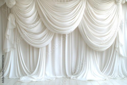 Luxurious white curtains elegantly draped, wedding photography maternity backdrop.