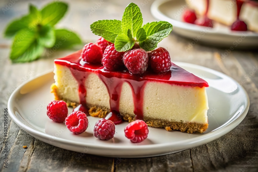 Indulgent Raspberry Cheesecake on a Classic White Plate, Drizzled with Fresh Raspberry Sauce and Garnished with Mint Leaves, Perfectly Styled for a Gourmet Dessert Presentation Indulgent Raspberry Cheesecake on a Classic White Plate, Drizzled with Fresh Raspberry Sauce and Garnished with Mint Leaves, Perfectly Styled for a Gourmet Dessert Presentation