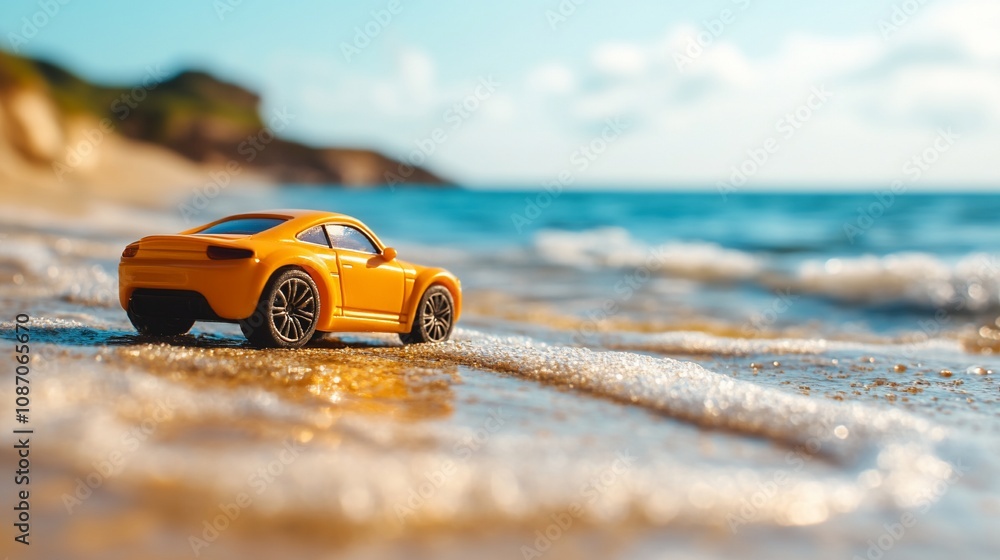 A yellow toy car on a sandy beach by the ocean waves, with the sun shining brightly. A yellow toy car on a sandy beach by the ocean waves, with the sun shining brightly.