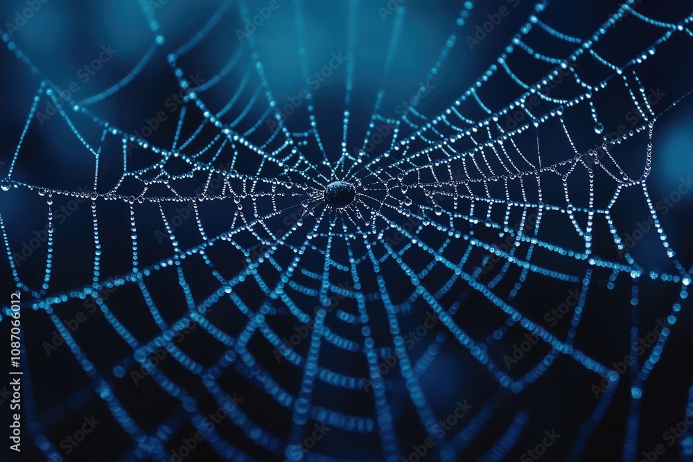 Dew drops adorning a spider web in the twilight Dew drops adorning a spider web in the twilight