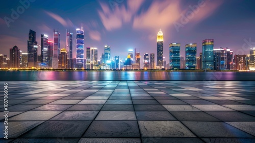 Empty square floor with city skyline background, City skyline with dynamic urban waterfront, vibrant urban scene photo