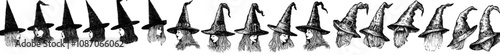 Set of witch silhouettes with hats, isolated white background, large pack