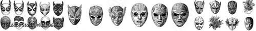 Mexican luchador masks set. Head and face costumes for Latin wrestlers. Funny headgear for Latin fights. Flat silhouette on white background.