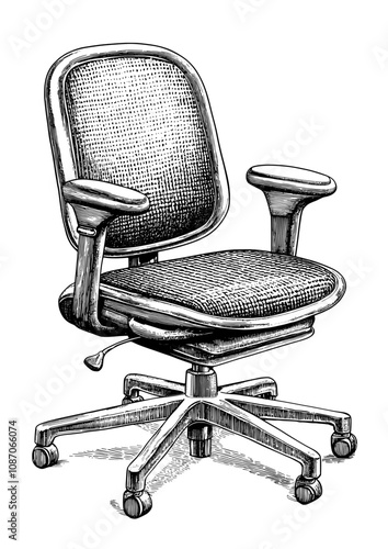 This simple flat illustration shows an office chair from an isometric perspective.