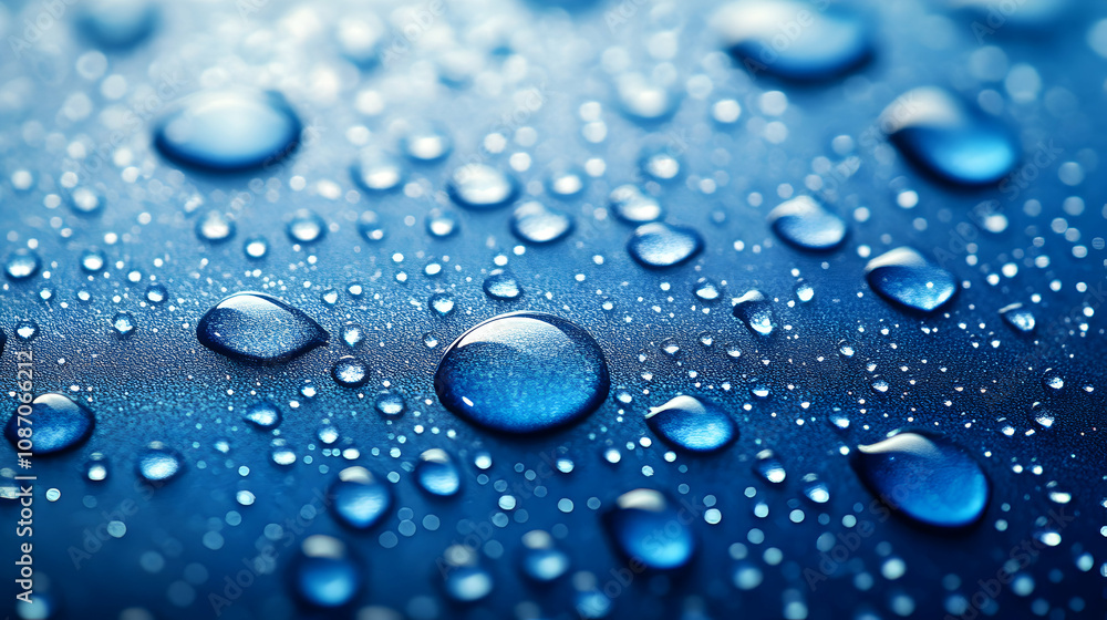 Close-up of Water Drops on a Smooth Blue Surface with a Shallow Depth of Field, Creating a Soft, Abstract Background Close-up of Water Drops on a Smooth Blue Surface with a Shallow Depth of Field, Creating a Soft, Abstract Background