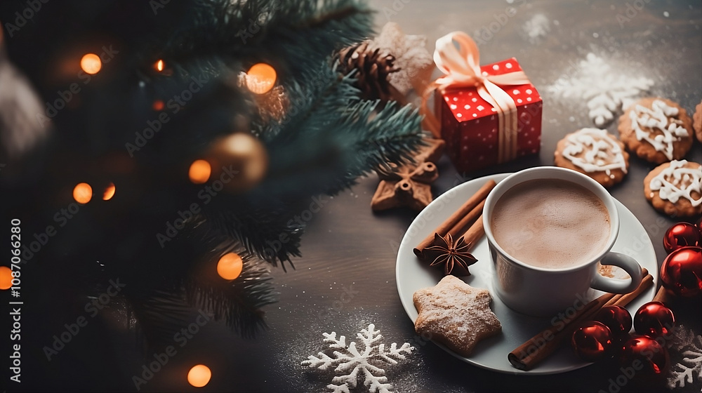 Holiday-Themed Flat Lay with Christmas Cookies, Hot Cocoa, and Wrapped Presents Holiday-Themed Flat Lay with Christmas Cookies, Hot Cocoa, and Wrapped Presents