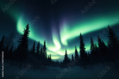 Wallpaper Mural Majestic northern lights illuminate snow covered forest at night, creating serene and enchanting atmosphere. vibrant green and purple hues dance across sky, reflecting beauty of nature Torontodigital.ca