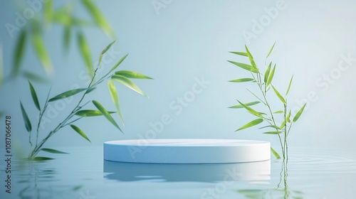 Empty podium with green bamboo leaf branches on water against light blue background.