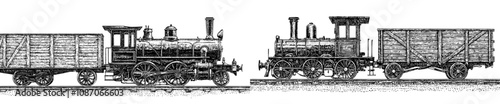 Vintage steam locomotive. Old 19th century train, classic retro railroad transport from the 1900's. Flat modern illustration isolated on white.