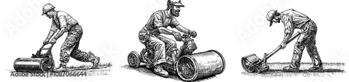 An illustration showing a construction worker pushing a steamroller.