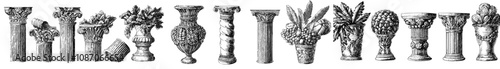 A unique set of antique Greek and Roman pillars. Antique Classical Architecture elements and decorations. Columns and pedestals in a vintage style, historic structures of antiquity.