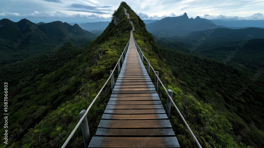 Scenic view of a long wooden bridge pathway leading through lush green mountains under a cloudy sky Scenic view of a long wooden bridge pathway leading through lush green mountains under a cloudy sky