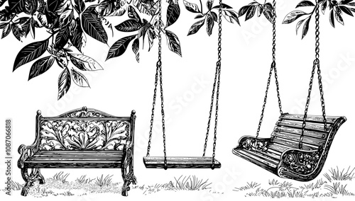 Landscape of empty playground scene. Kids amusement area landscape with swings, seesaws, benches, trees, grass, in summer park. Flat modern illustration.