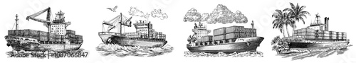 A container ship sailing on the sea. Simple black and white illustration.