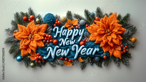 Festive Happy New Year Decoration With Knitted Floral Arrangement