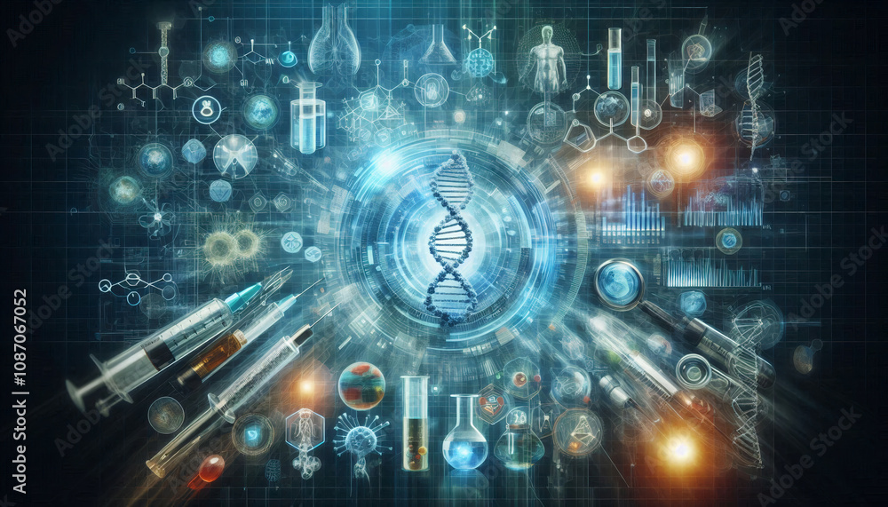 Fototapeta premium Scientific visualization of DNA with futuristic medical icons, representing advancements in biotechnology and genetics