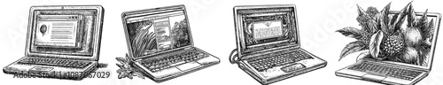 Isolated modern illustration of a laptop screen surfing the internet, browsing the web. Using a website interface, submitting digital data. Surfing virtual network, browsing webpages.