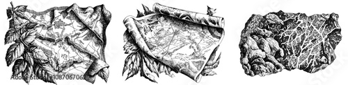 Map for travel and navigation. Tourism guide for journey and trip. Abstract region with roads, lakes and mountains. Isolated modern illustration on white.