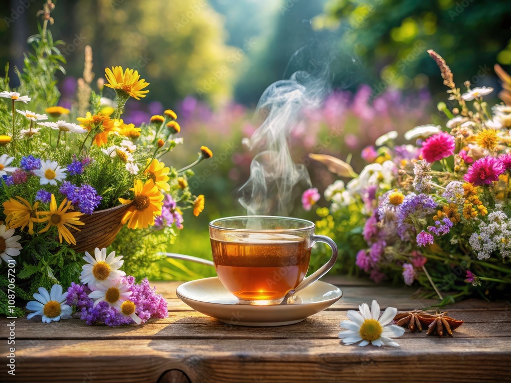 Serene Product Photography of a Cup of Hot Tea Surrounded by Wild Flowers, Perfect for Relaxation and Nature Lovers, Ideal for Home Decor and Wellness Themes Serene Product Photography of a Cup of Hot Tea Surrounded by Wild Flowers, Perfect for Relaxation and Nature Lovers, Ideal for Home Decor and Wellness Themes
