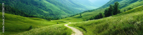 A winding pathway through a verdant meadow, framed by towering mountain ranges in the distance.