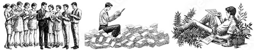 In this illustration, an HR manager is analyzing CVs, job applications for hiring. Human resources professional is reviewing resumes. A flat modern illustration isolated on white is the concept.