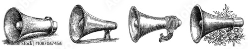 A bullhorn, loudspeaker icon, for amplifying sound, broadcasting. A megaphone amplifier for announcements, advertising. An alarm or alert device. Flat modern illustration, isolated on white