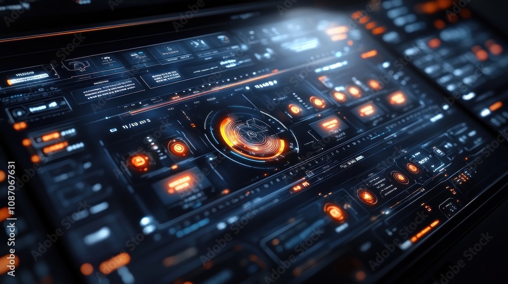 Futuristic user interface with glowing controls and data displays. Futuristic user interface with glowing controls and data displays.