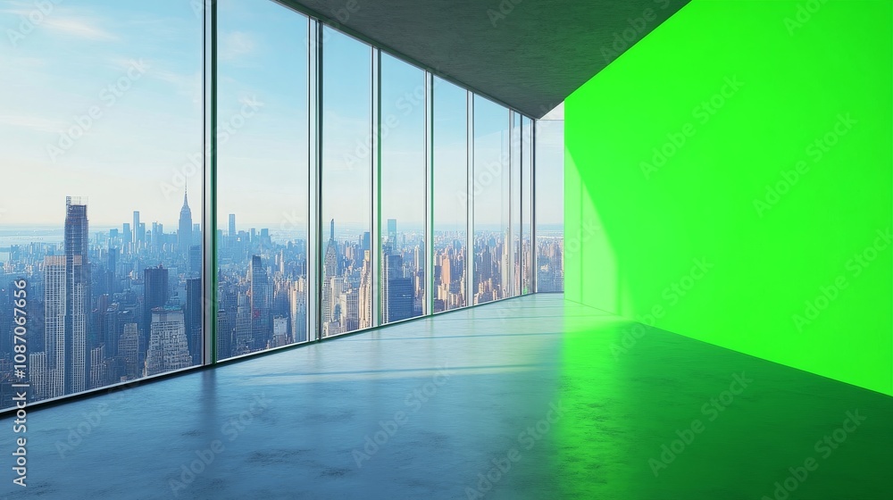 A modern interior with floor-to-ceiling windows showcasing a city skyline, featuring a vibrant green wall for creative projects or broadcasting. A modern interior with floor-to-ceiling windows showcasing a city skyline, featuring a vibrant green wall for creative projects or broadcasting.