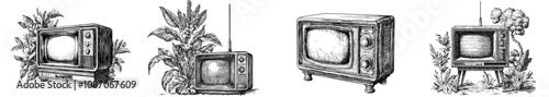 An old television with a simple black and white illustration.