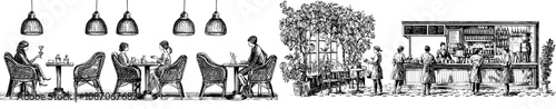 The interior of a cafeteria, coffee shop, coffee house. People sitting, eating meals at cafeterias, coffee shops, coffee houses. Flat modern illustration.
