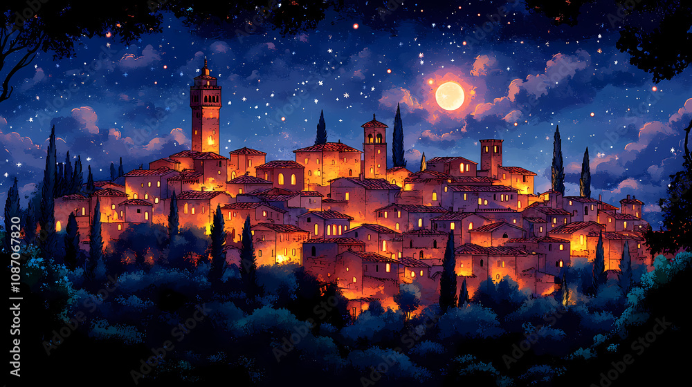 Naklejka premium A cartoon SIDE VIEW of VARIOUS Medieval Buildings with Christmas Decorations, done in watercolor, with soft edges, color gradations, and luminescence.