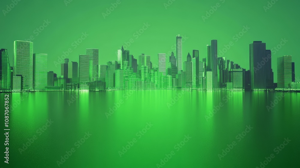 A vibrant green skyline reflects on calm waters, showcasing modern architecture in an eco-friendly aesthetic. A vibrant green skyline reflects on calm waters, showcasing modern architecture in an eco-friendly aesthetic.