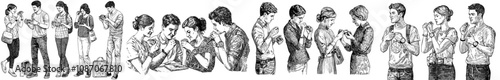 Men and women standing in line, checking wristwatches, gesturing with clocks on wrists. Delay, hurry, showing deadline. Isolated flat modern illustration.