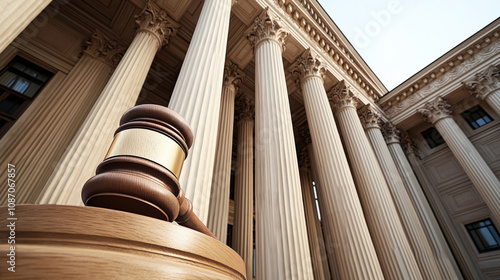 Wooden gavel in front of a classical building with large columns, representing the concept of justice and law.