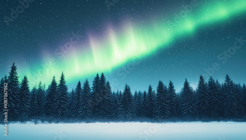 serene snow dusted forest under vibrant aurora borealis, showcasing beauty of nature light display. tranquil scene evokes sense of wonder and peace