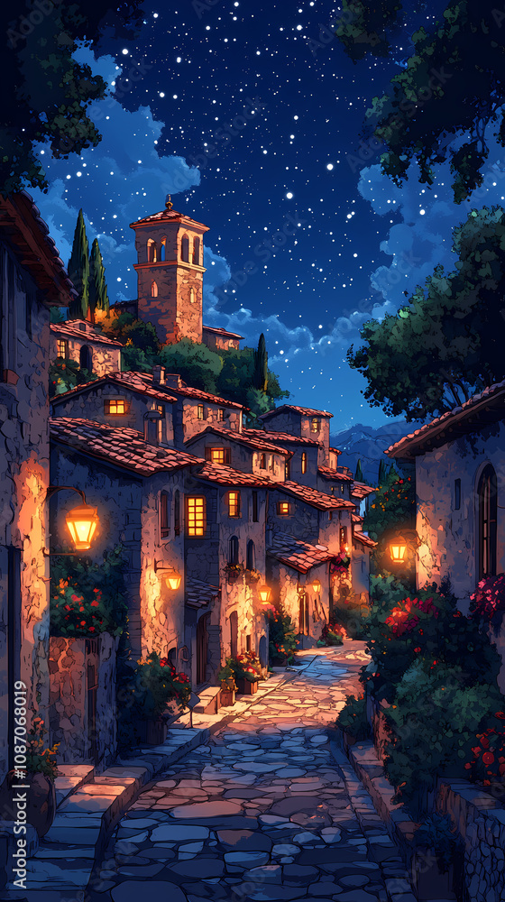 Fototapeta premium A cartoon SIDE VIEW of VARIOUS Medieval Buildings with Christmas Decorations, done in watercolor, with soft edges, color gradations, and luminescence.