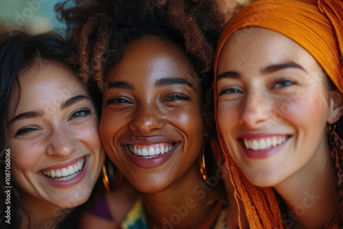 Three happy young women smiling together showing their teeth