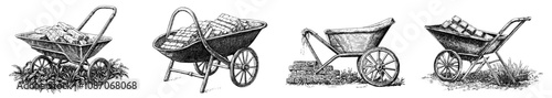 This black and white illustration shows a trolley with material building.