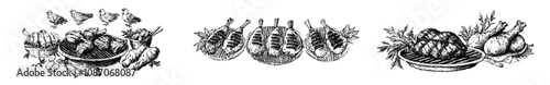 This vintage modern illustration shows Grilled Chicken, Sausage, Steak, Turkey, and Kebab Skewers.