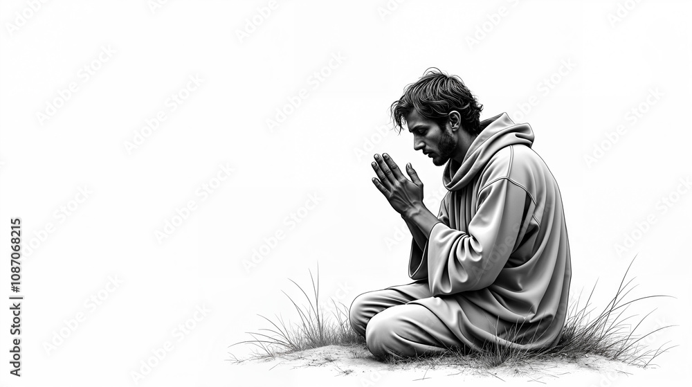 An In-Depth Artistic Representation of a Spiritual Person in Prayer, Capturing Emotional Connection and Sacredness Against a Crisp White Background An In-Depth Artistic Representation of a Spiritual Person in Prayer, Capturing Emotional Connection and Sacredness Against a Crisp White Background