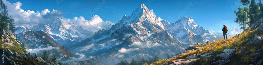 Fototapeta premium A breathtaking view of mountain peaks in the distance, with a lone hiker studying a well-worn map.