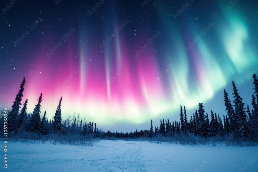 Breathtaking aurora lights illuminate snowy forest landscape, creating magical atmosphere. vibrant colors of pink and green dance across night sky, reflecting on serene snow covered ground Breathtaking aurora lights illuminate snowy forest landscape, creating magical atmosphere. vibrant colors of pink and green dance across night sky, reflecting on serene snow covered ground
