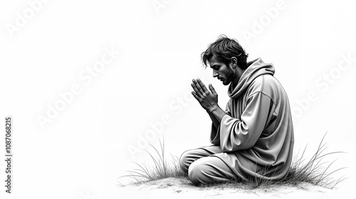 An In-Depth Artistic Representation of a Spiritual Person in Prayer, Capturing Emotional Connection and Sacredness Against a Crisp White Background