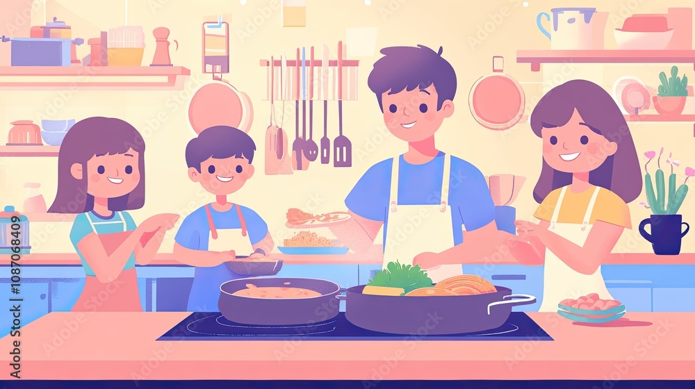 Smart Appliances in Kitchen - A family cooking together, using smart appliances to make meal preparation easier and more efficient. Smart Appliances in Kitchen - A family cooking together, using smart appliances to make meal preparation easier and more efficient.
