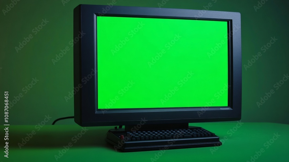 A black monitor with a keyboard, set against a vibrant green background, displaying a blank green screen. A black monitor with a keyboard, set against a vibrant green background, displaying a blank green screen.