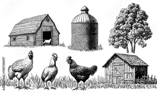 Domestic farm animals silhouettes set. Sheep lamb cow horse donkey goat pig farm birds isolated on a black and white background. Simple flat style clipart collection in a flat style.