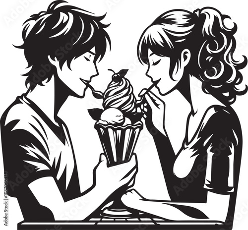 Couple Sharing a Sweet Treat: A Romantic Vintage Illustration. A black and white vintage-style illustration of a romantic couple sharing a sundae.